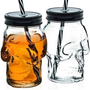 Set of 2 Skull Mason Jar Mug Glass with Cover and Straw